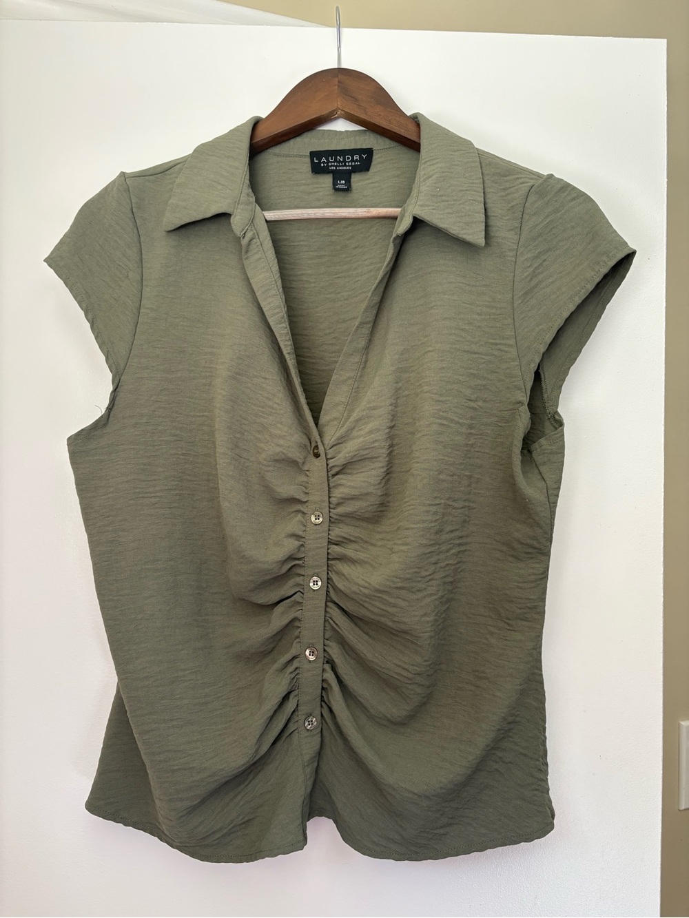 Laundry by Shelli Segal Olive Ruched Button-Front Cap Sleeve Blouse